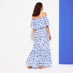 Vilebrequin Women Long Off The Shoulders Cotton Dress Flash Flowers -Outdoor Beach & Swimwear FDOC3V28 354 backworn 3920x3920 1