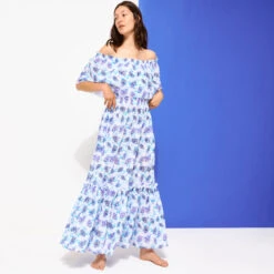 Vilebrequin Women Long Off The Shoulders Cotton Dress Flash Flowers -Outdoor Beach & Swimwear FDOC3V28 354 frontworn 3920x3920 1
