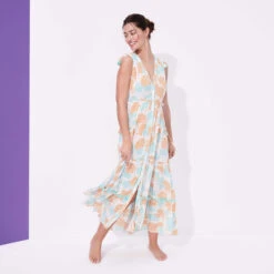 Women Maxi Dress Iridescent Flowers Of Joy- Vilebrequin X Poupette St Barth -Outdoor Beach & Swimwear IVYU2X17 219 frontworn 3920x3920 1