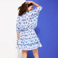 Vilebrequin Women Short Ruffles Cotton Dress Flash Flowers -Outdoor Beach & Swimwear LURC3V28 354 backworn 3920x3920 1
