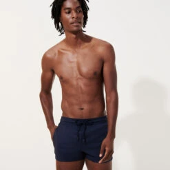 Men Short Woolen Swim Trunks Micro Carreaux- Vilebrequin X The Woolmark Company -Outdoor Beach & Swimwear MLTH2L26 390 frontworn 3920x3920 1